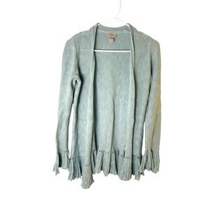 Lori Goldstein Logo XS Ruffled Hem Cardigan Open Front Aqua Green Lightweight Kn